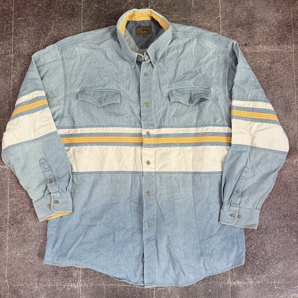 Men's Vintage 90's Roper Light Blue Denim Yellow White Striped Western Shirt 2XL